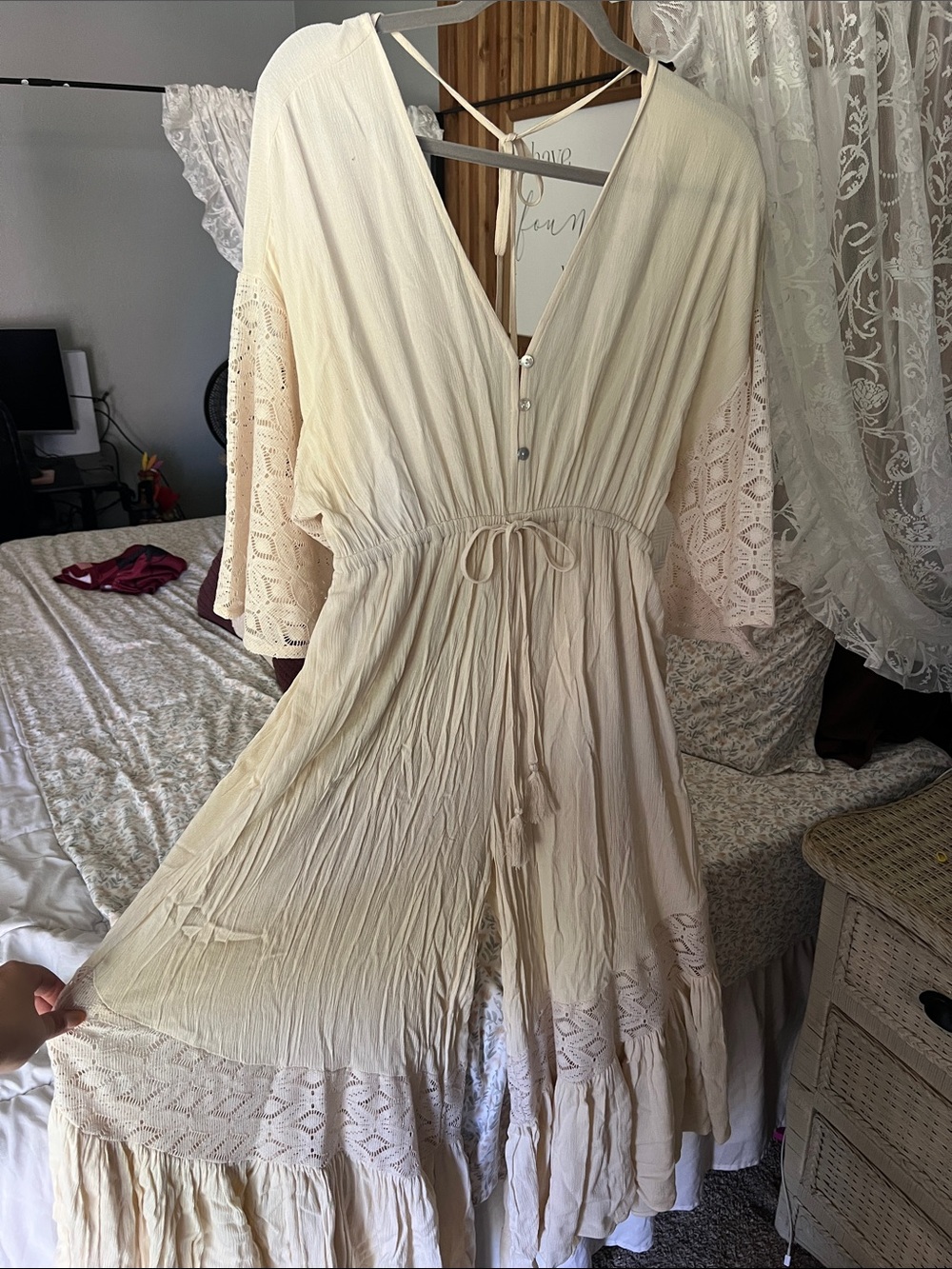 HYFVE Ivory Boho Jumpsuit Dress with Lace Sleeves